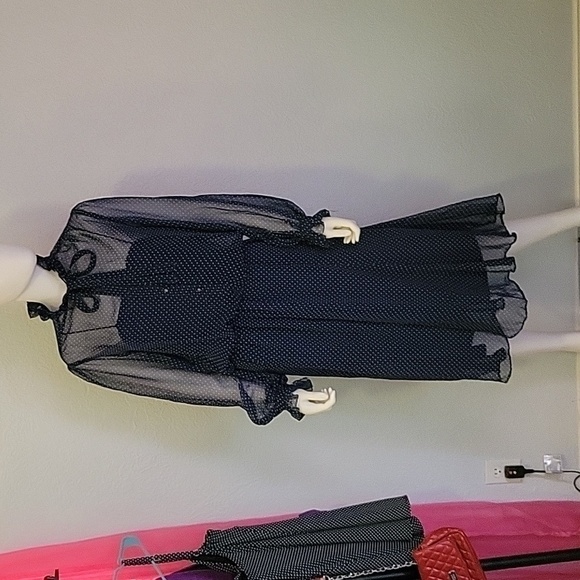 VTG AJ BARI Navy Pin Dot Chiffon Blouson Ruffle Bow Tie Castlecore Shirt Dress - Picture 3 of 10